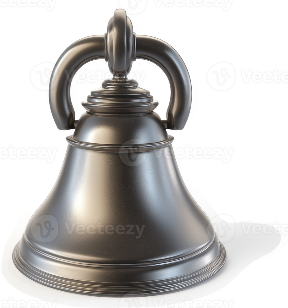 Polished metallic bell with ornate handle. png