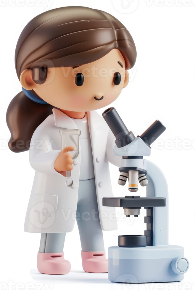 Smiling young scientist examines a microscope. png