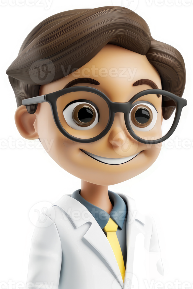 Smiling cartoon boy in a white lab coat. png
