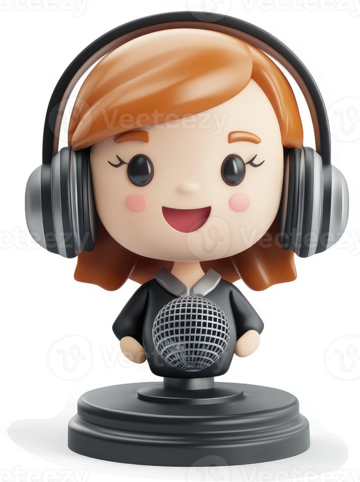 Cute cartoon woman in headphones holding a microphone. png