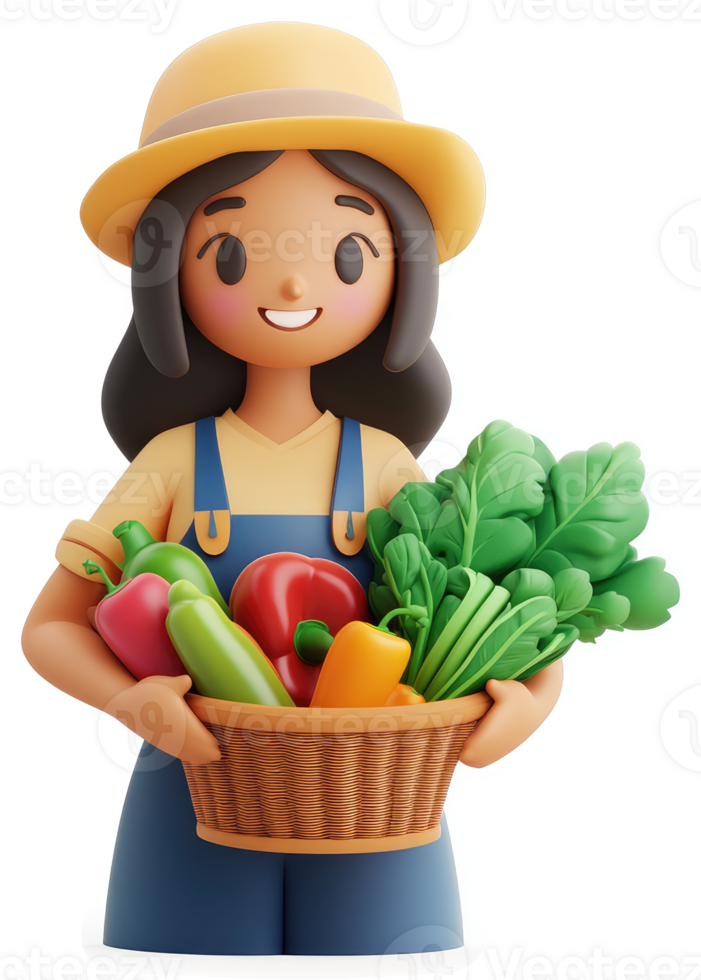 Smiling girl holds a basket of colorful fresh produce. png