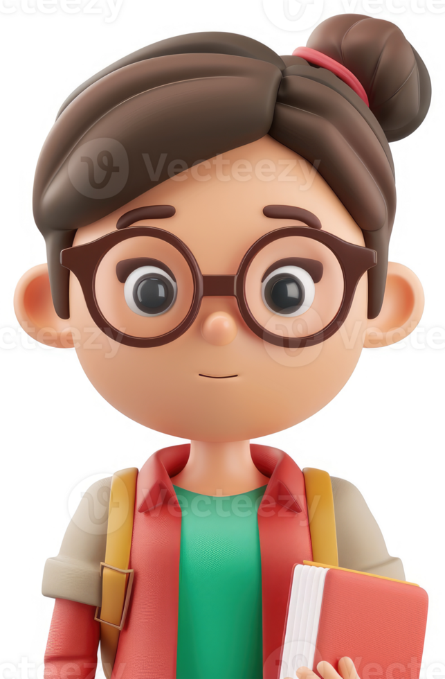 Smiling girl with glasses, backpack, and book. png