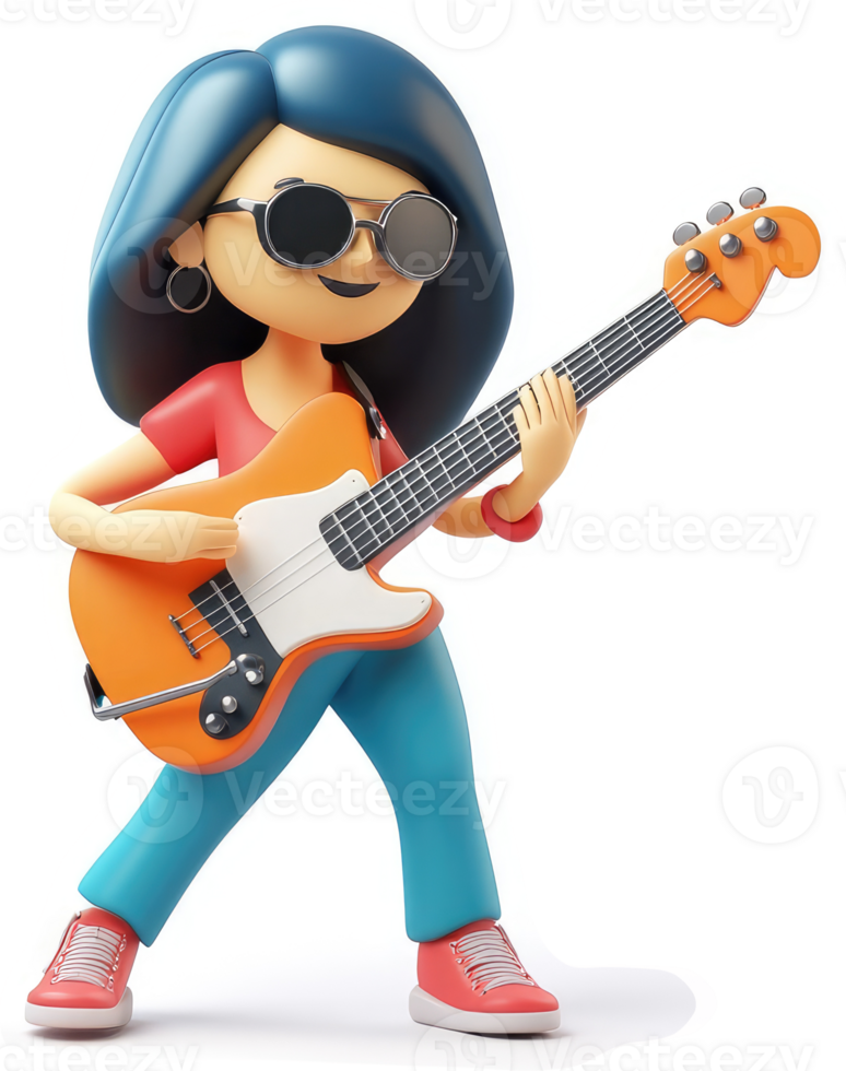 Animated girl plays an electric guitar with enthusiasm. png