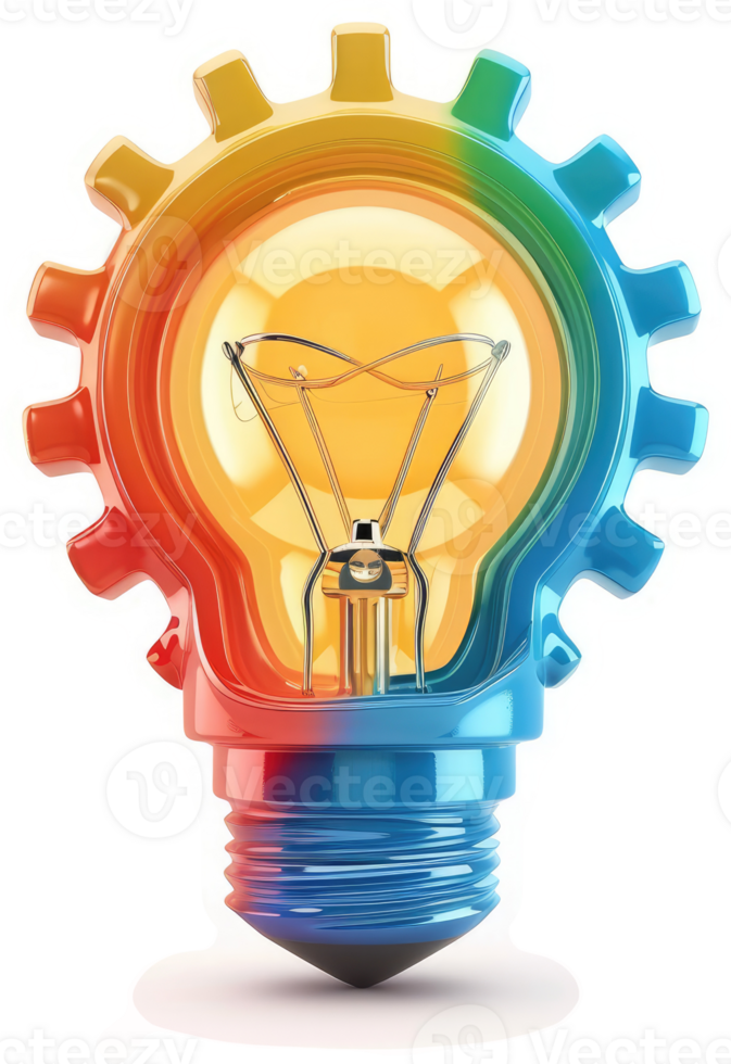 Colorful gears surround a glowing lightbulb, symbolizing innovation. png