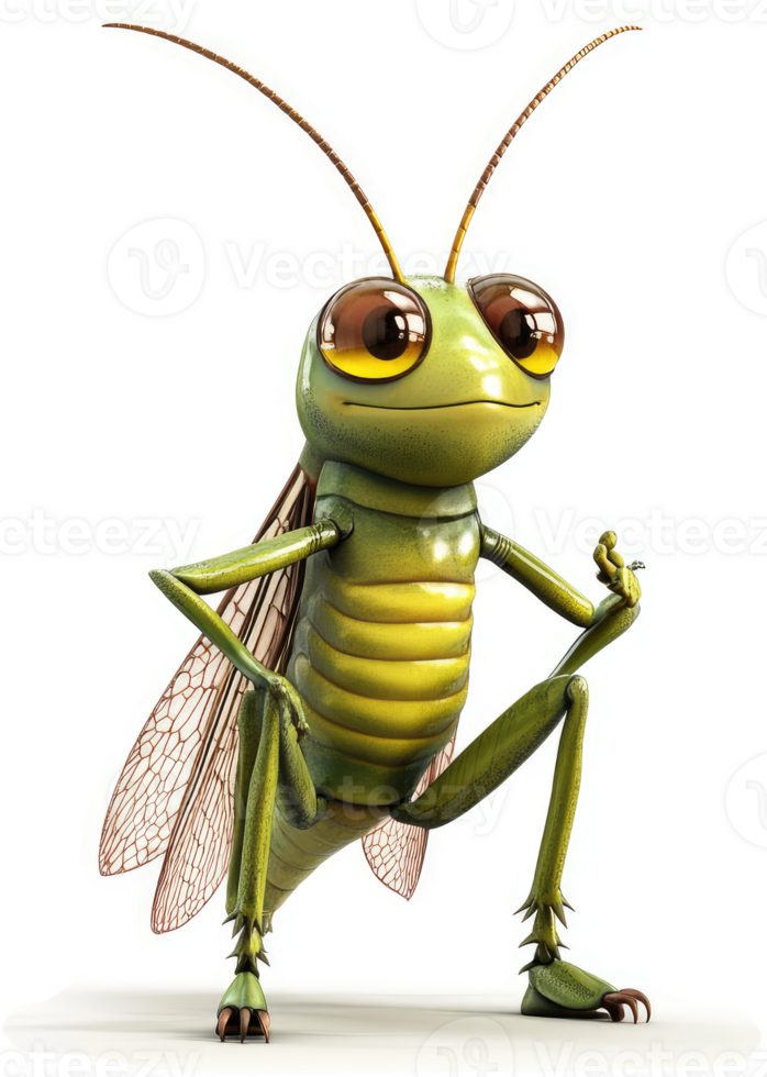 Cartoon grasshopper character in a posed stance. png