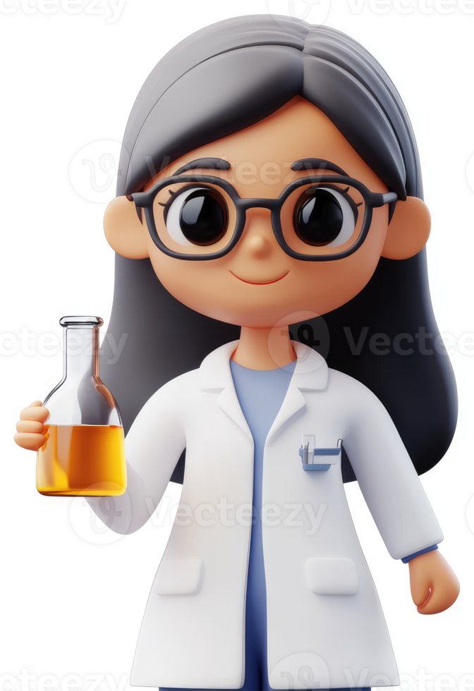 Cheerful cartoon scientist holds a flask of liquid. png