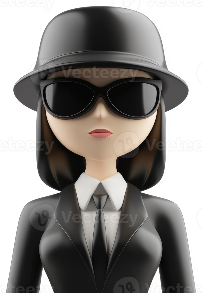 Stylish, mysterious female character in a black suit. png