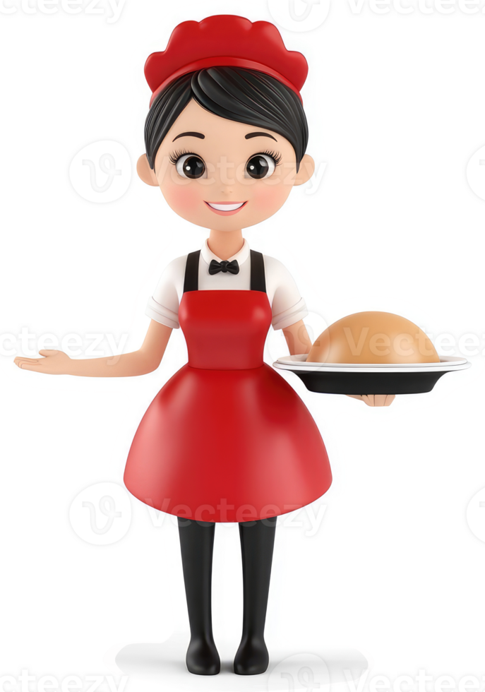 Smiling cartoon chef girl presents a food dish. png