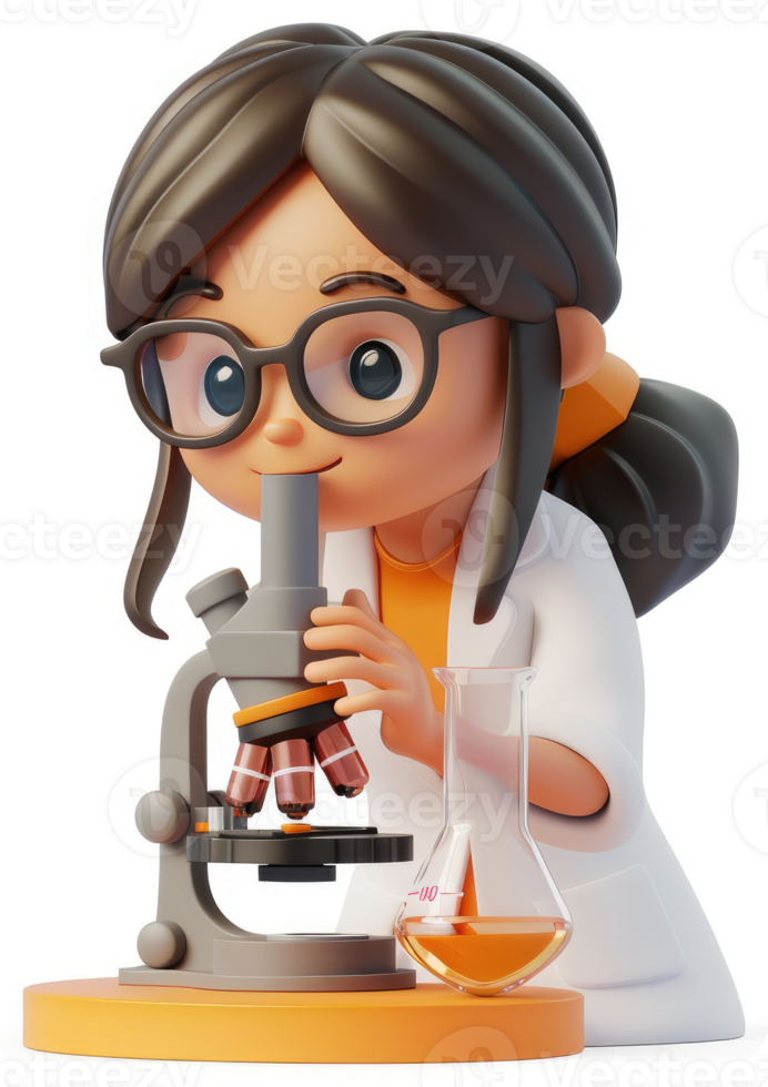 Cartoon scientist examines samples under a microscope. png