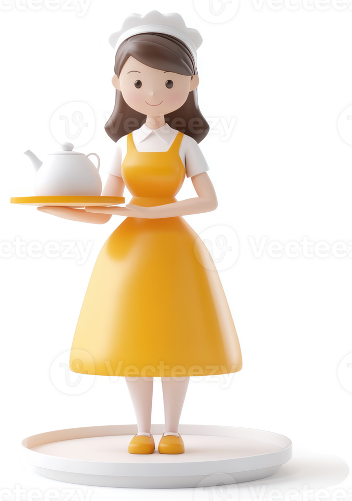 Cheerful cartoon character waitress carrying a tea pot and tray. png