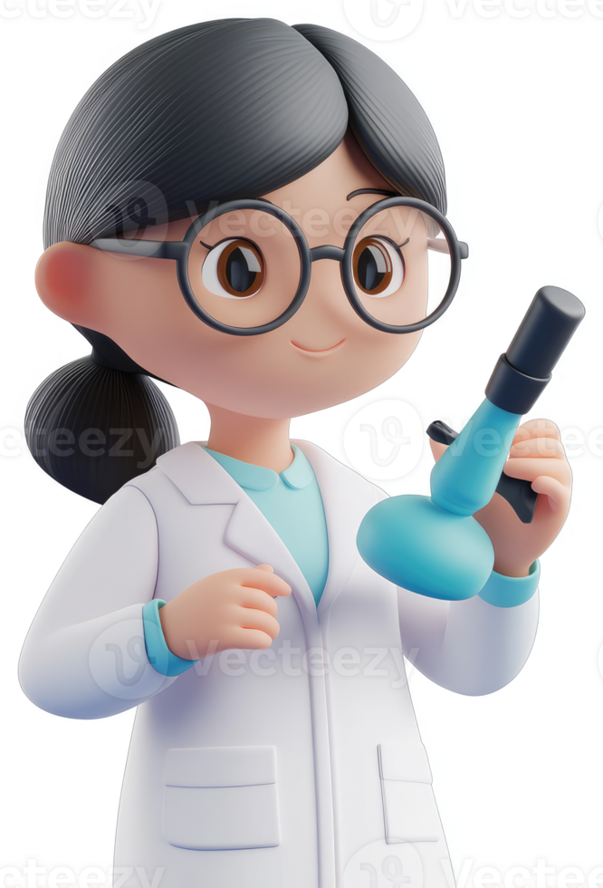 Cute cartoon female scientist holding a lab burner. png