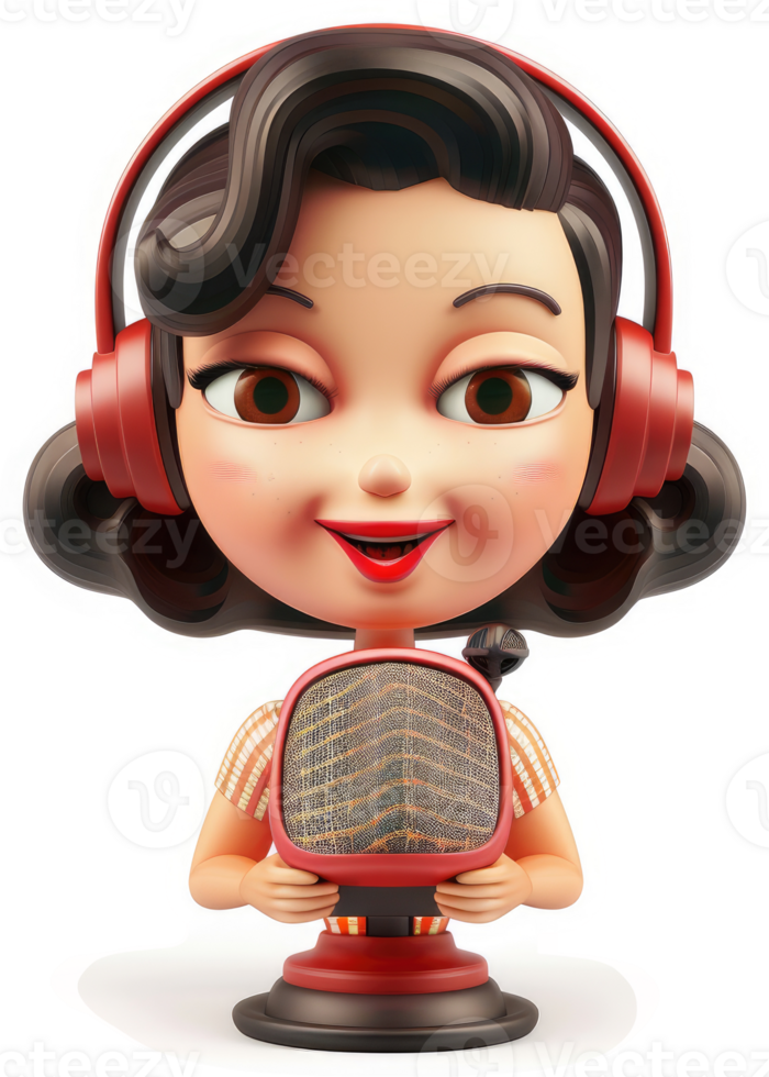 Retro cartoon girl with headphones and a vintage radio. png