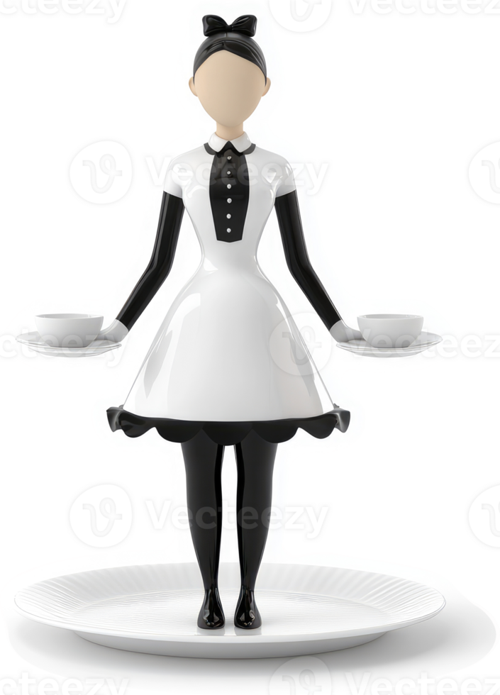 Stylized figurine of a maid balancing teacups on a platter. png
