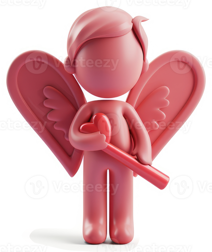 Pink cupid figure holds a red heart with a staff. png