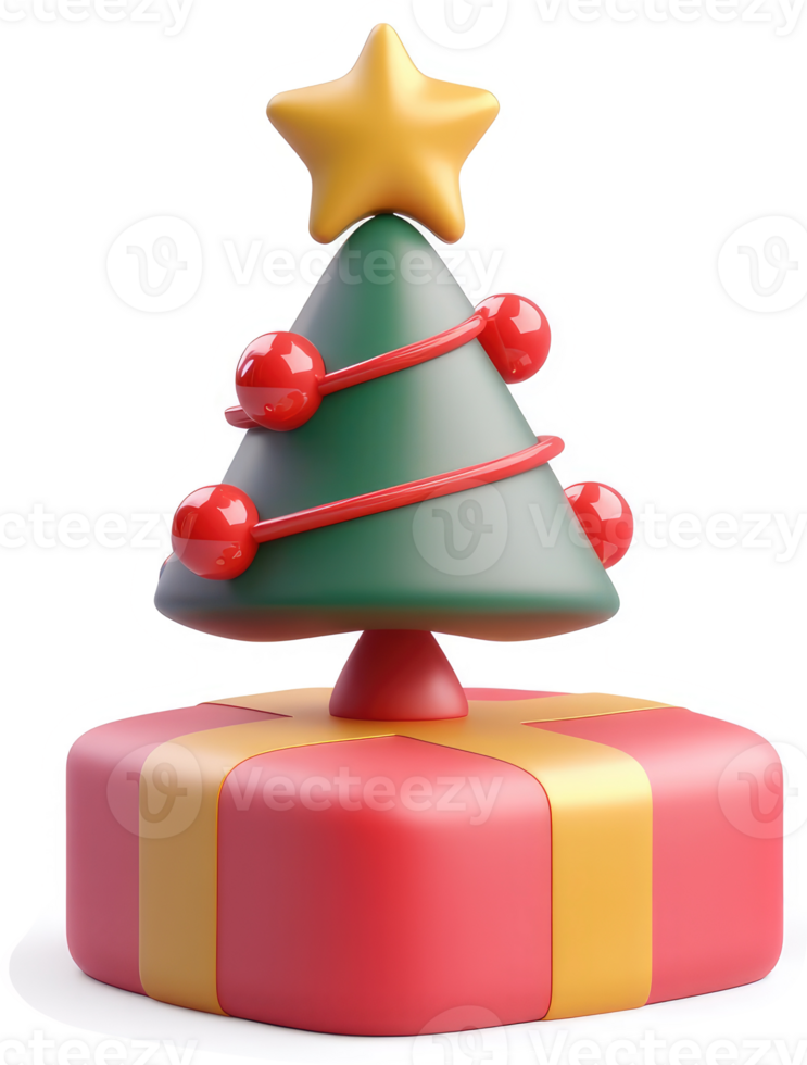 Festive christmas tree resting atop a gift box. png