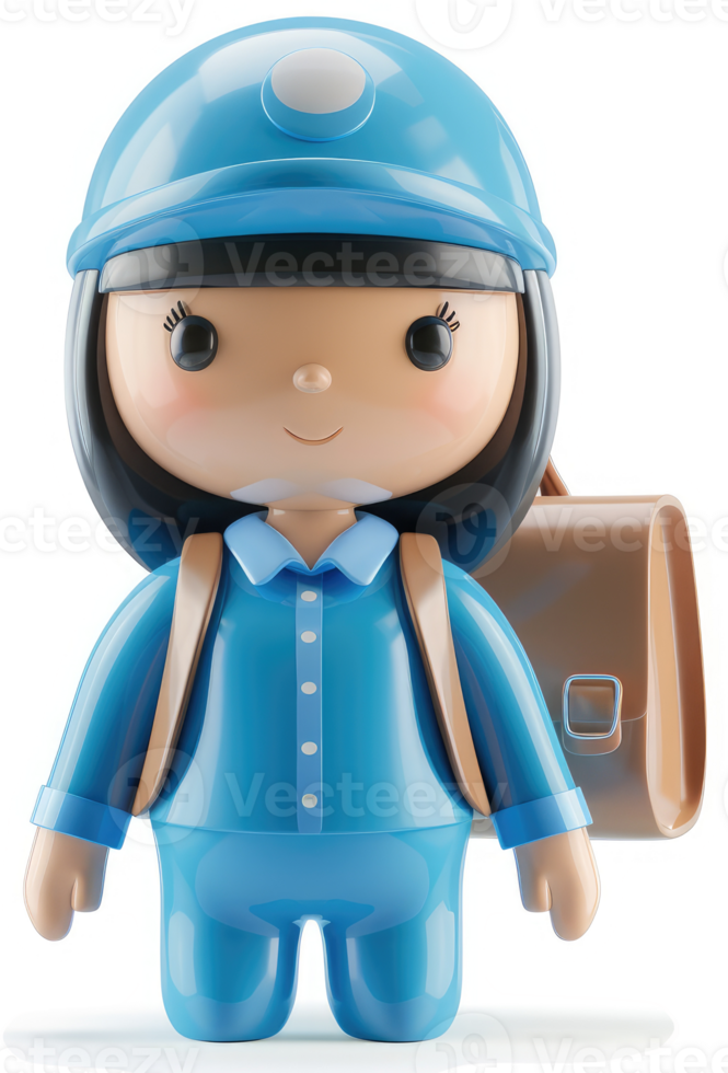Cheerful cartoon girl character in a blue uniform and backpack. png