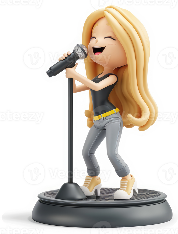 Smiling cartoon girl sings into a microphone on a stage. png