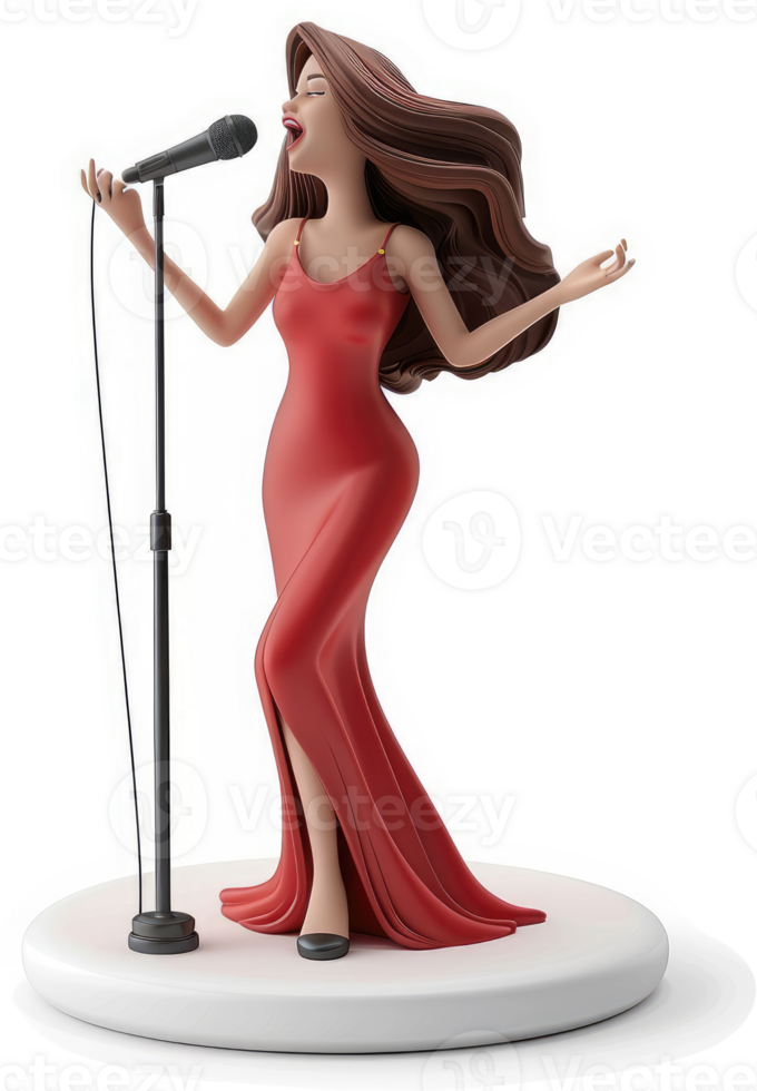 Animated female vocalist in a red gown, singing into a microphone. png