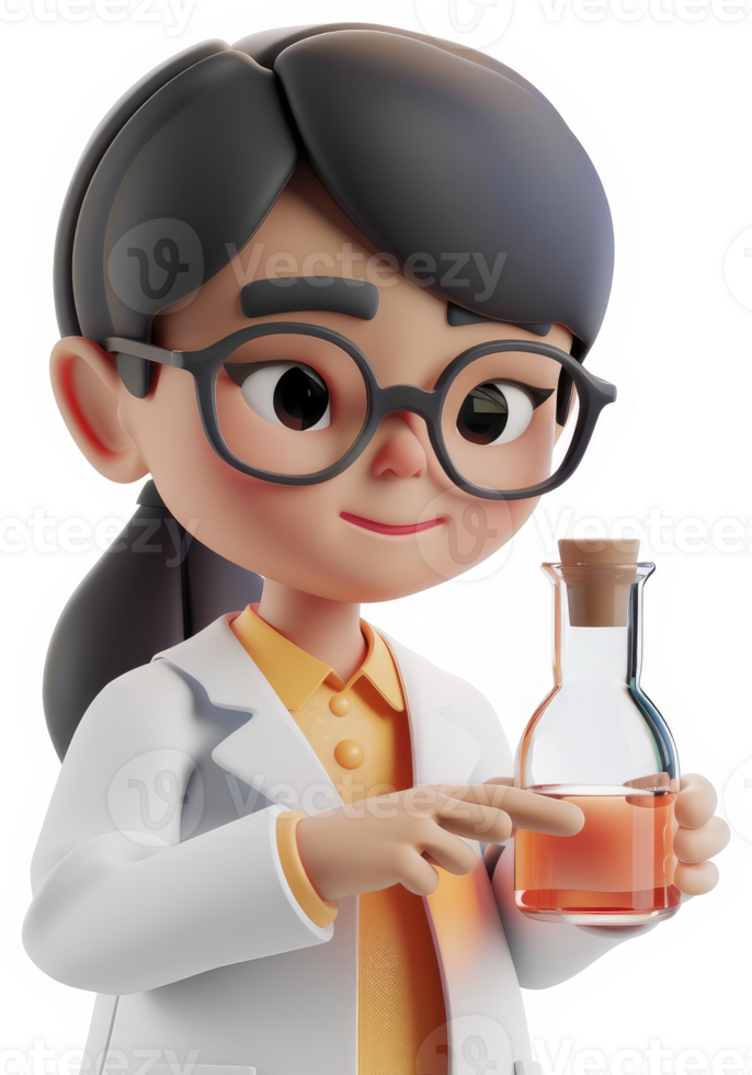 Cartoon scientist character holds a laboratory flask. png