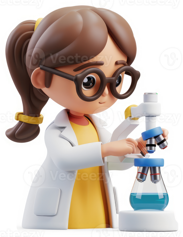 Cartoon female scientist examines a microscope and beaker. png