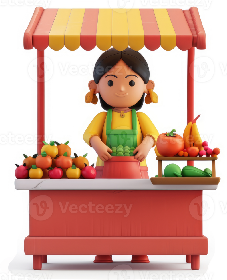 Smiling vendor displays fresh produce at a market stall. png