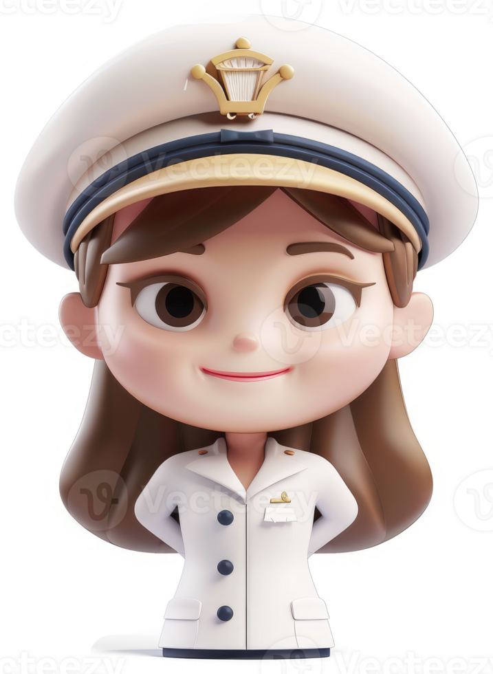 Smiling cartoon girl in a captain's uniform. png