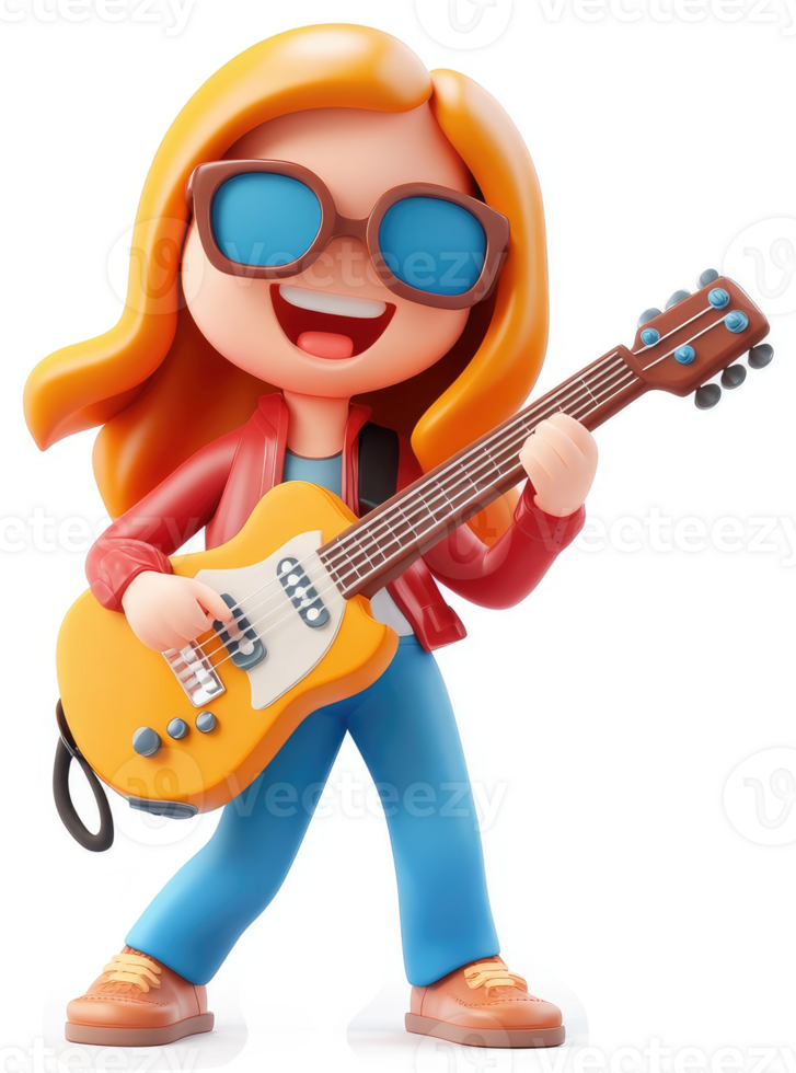 Smiling girl plays an electric guitar. png
