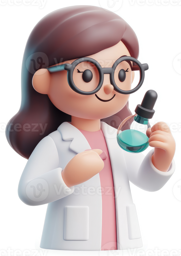 Cartoon scientist holds a teal liquid sample vial. png
