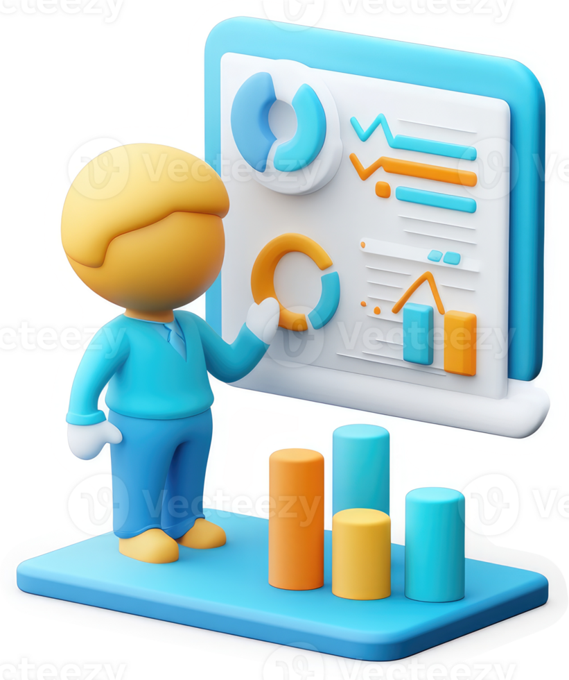 A stylized illustration of a person presenting data visualizations. png