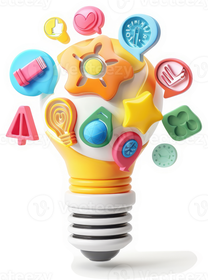 Colorful icons surrounding a lightbulb symbolize innovative ideas. png