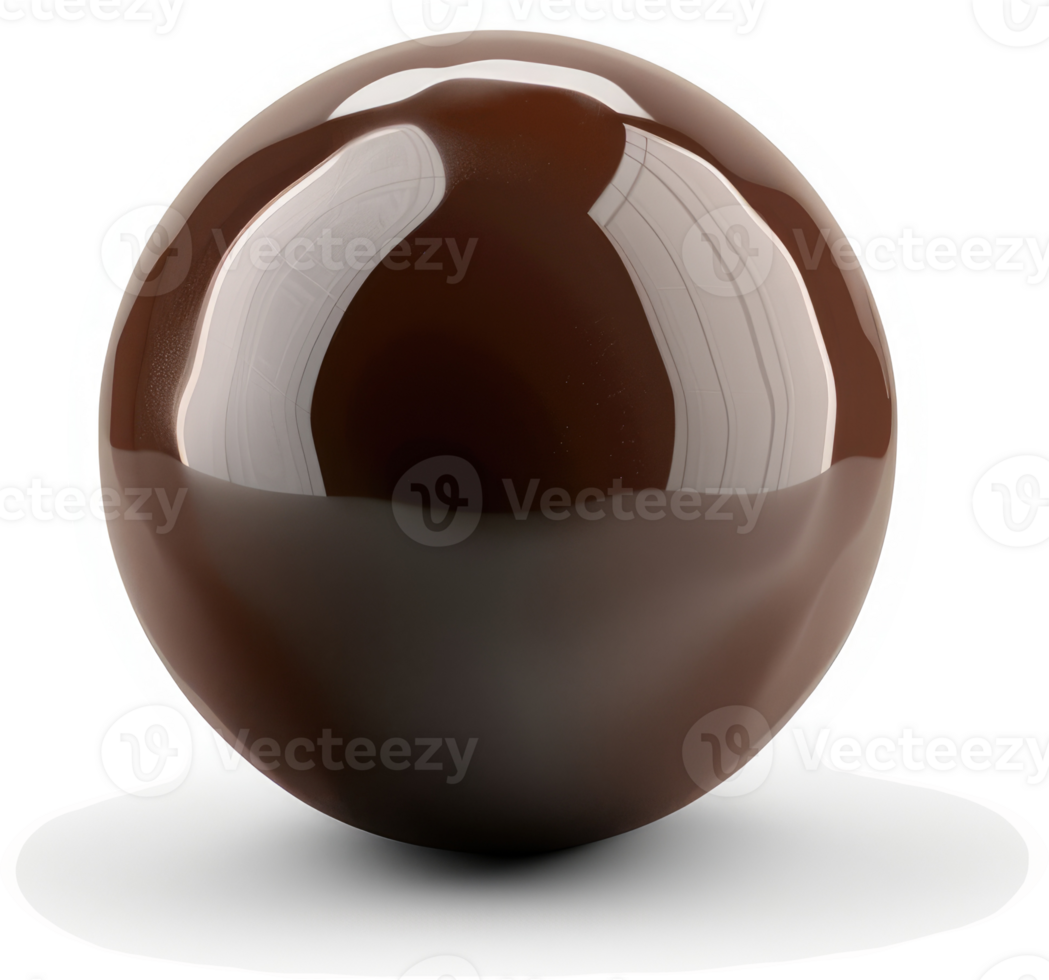Polished, dark chocolate sphere highlights rich, glossy texture. png