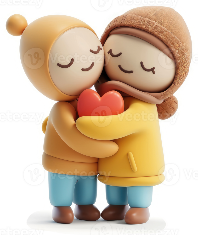 Warmly embraced cartoon figures sharing a heart. png