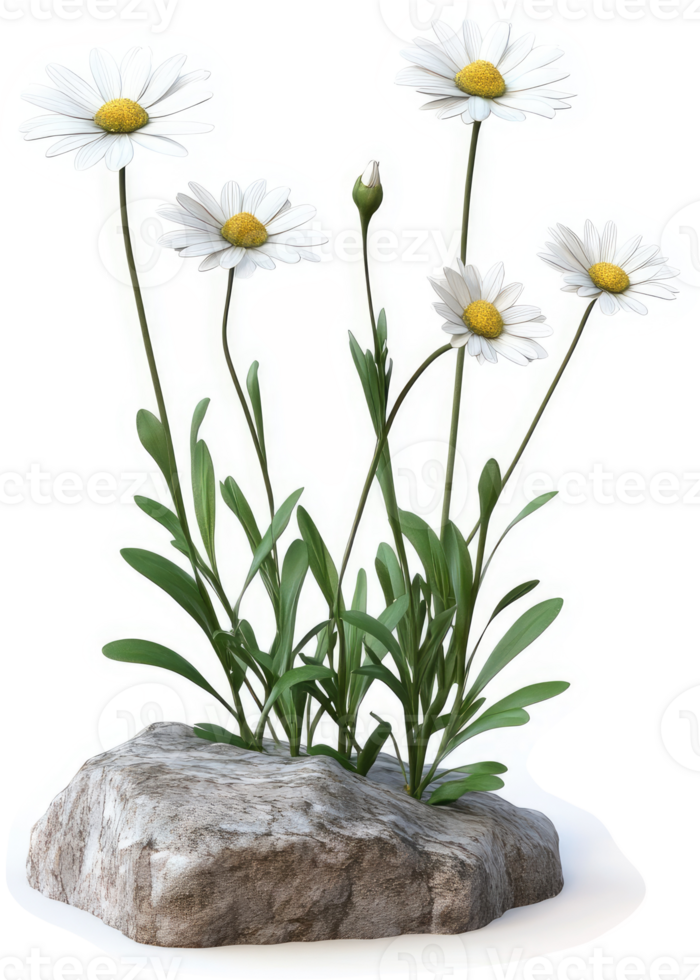 Five daisies flourish on a gray rock. png