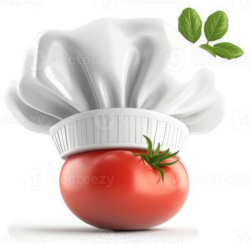 Fresh tomato chef's hat with basil sprig. png