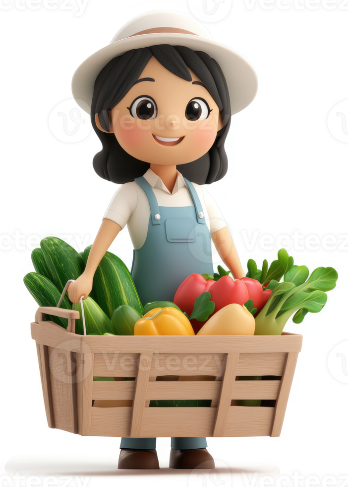 Smiling girl carries a wooden crate of fresh produce. png
