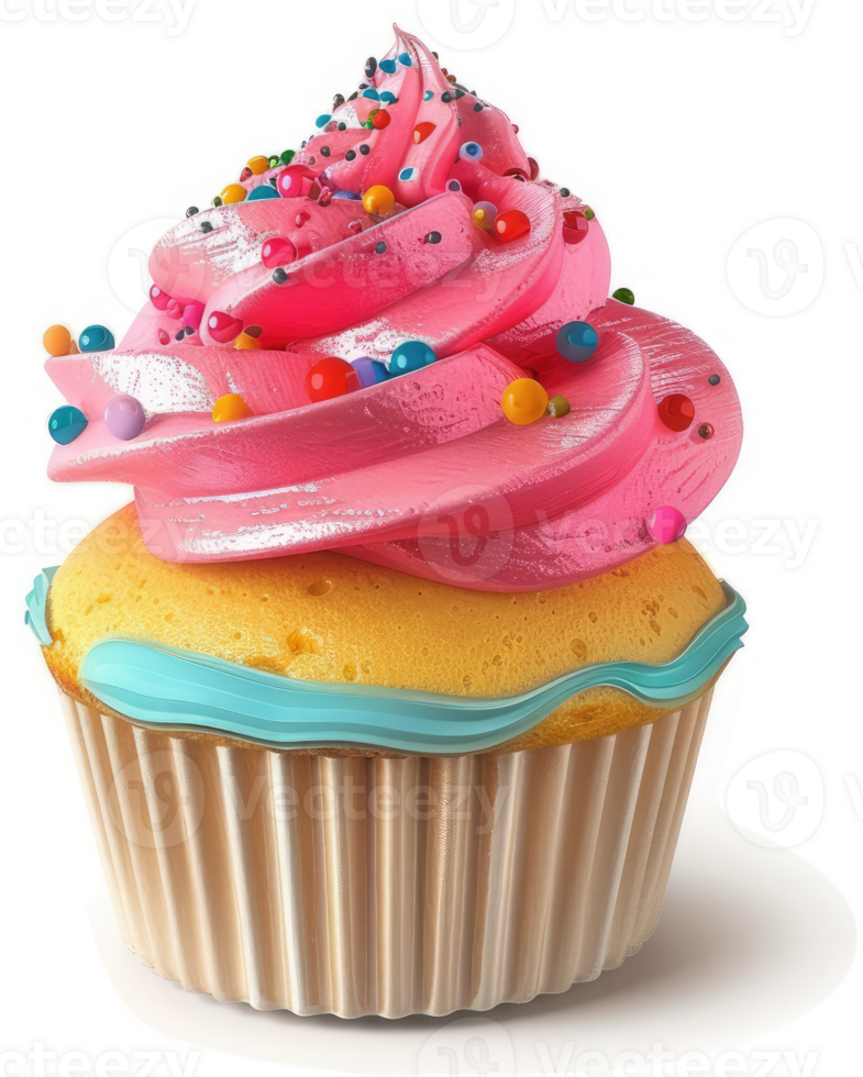 Sweet pink frosted cupcake with colorful sprinkles. png