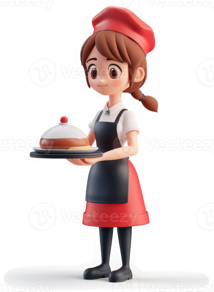 Cheerful cartoon chef character serving a dessert. png