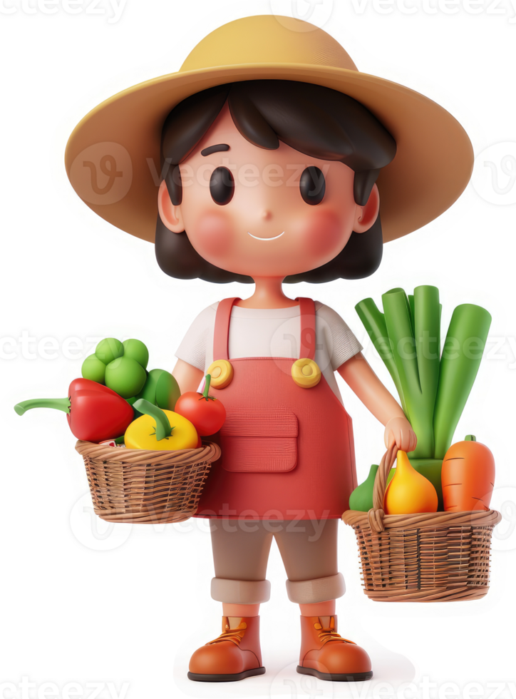 Cartoon girl farmer holds baskets filled with colorful produce. png