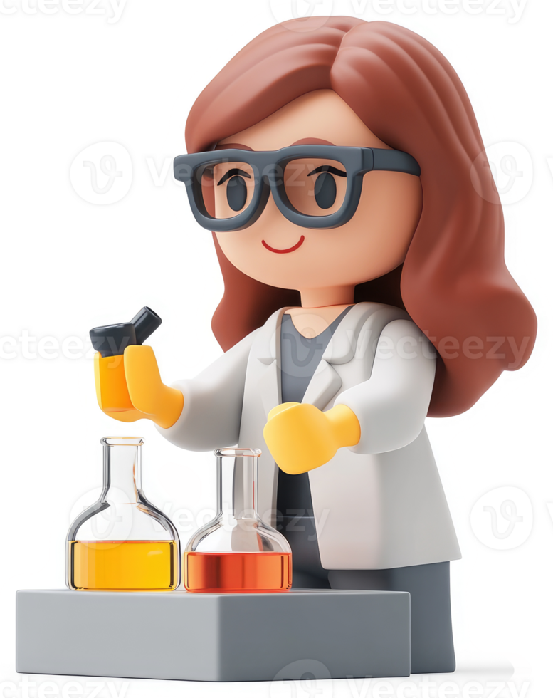 Cartoon scientist figurine working with beakers. png