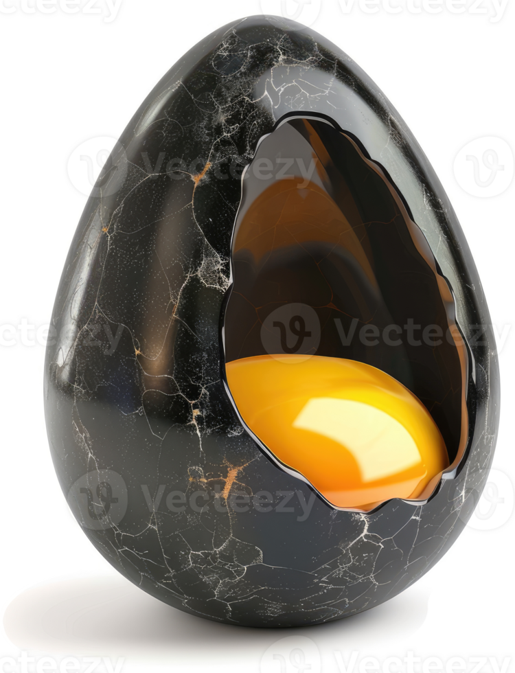 Ornate, dark-veined egg, showcasing a vibrant yolk. png