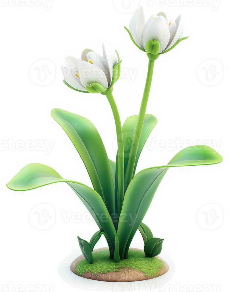 Two delicate white flowers with verdant leaves. png