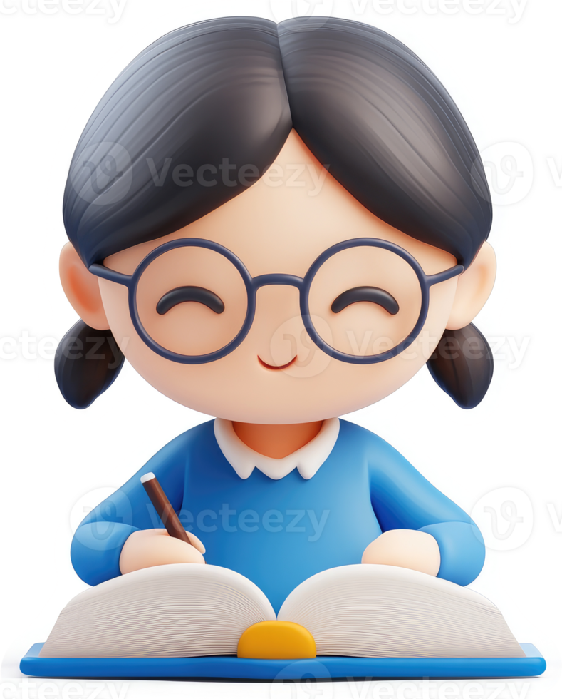 Smiling girl with glasses studies with a book and pen. png