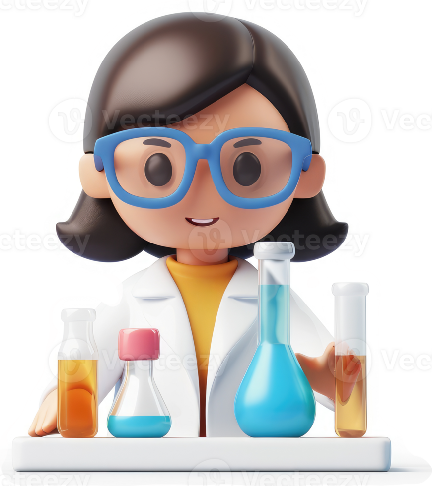 Cartoon scientist character with laboratory equipment. png