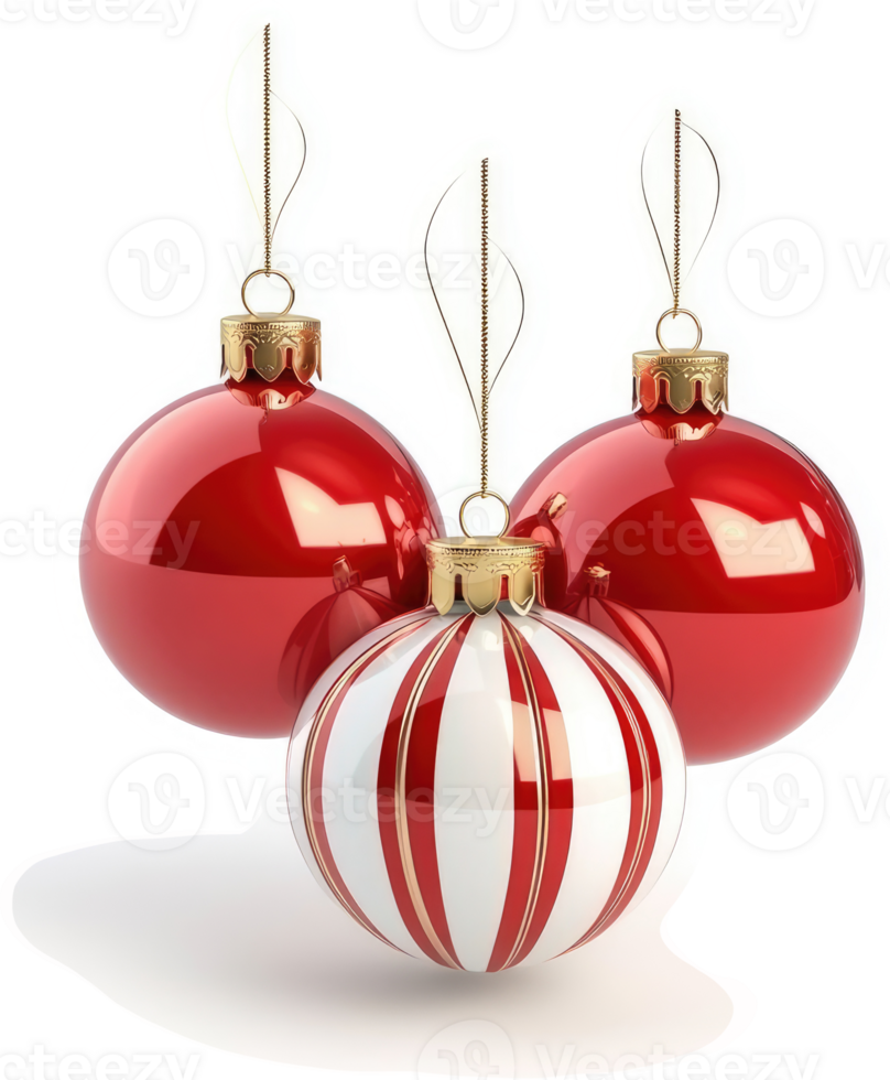 Three festive christmas ornaments, red and white. png