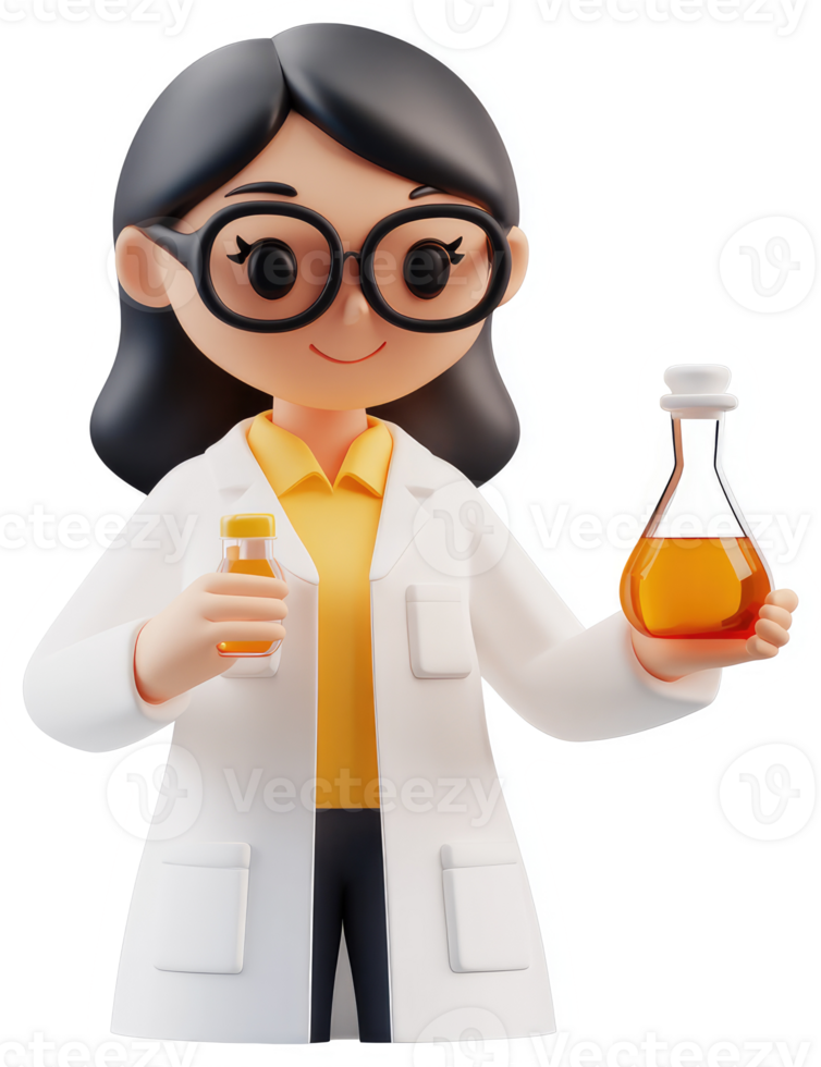Cheerful cartoon scientist holds laboratory glassware. png