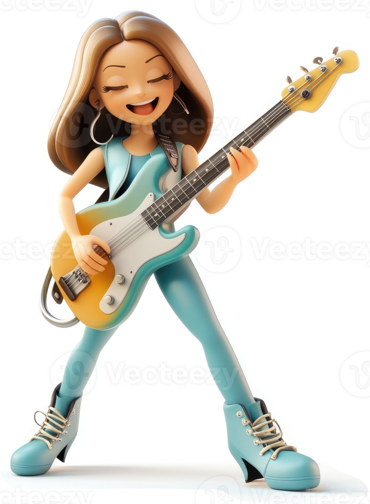 Animated girl joyfully plays an electric bass guitar. png