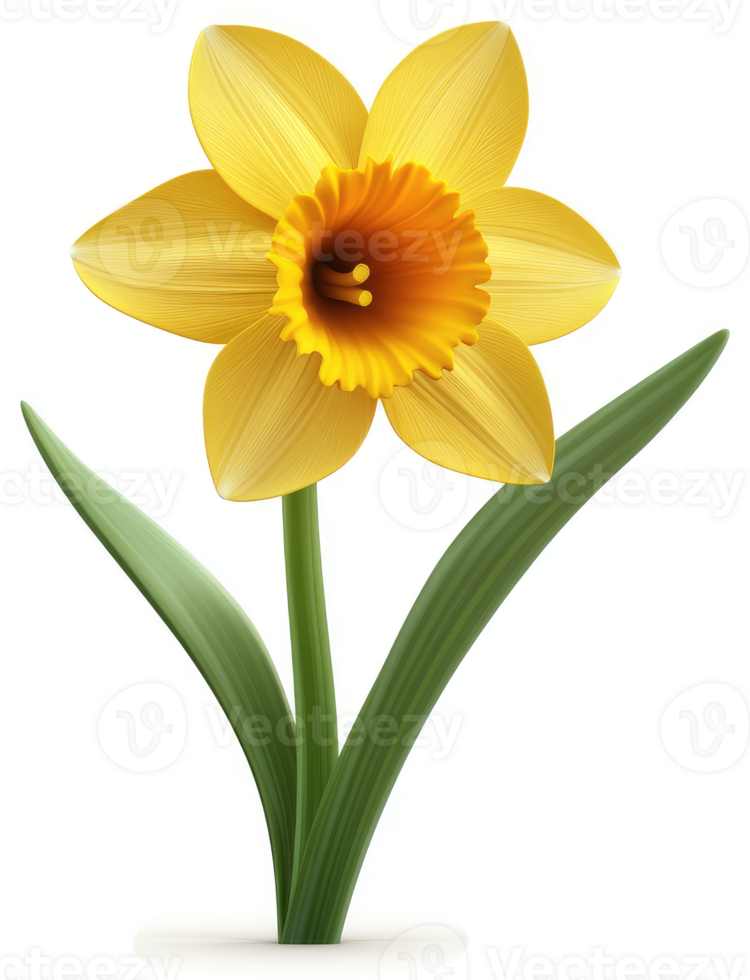 Radiant yellow daffodil with vibrant green leaves. png