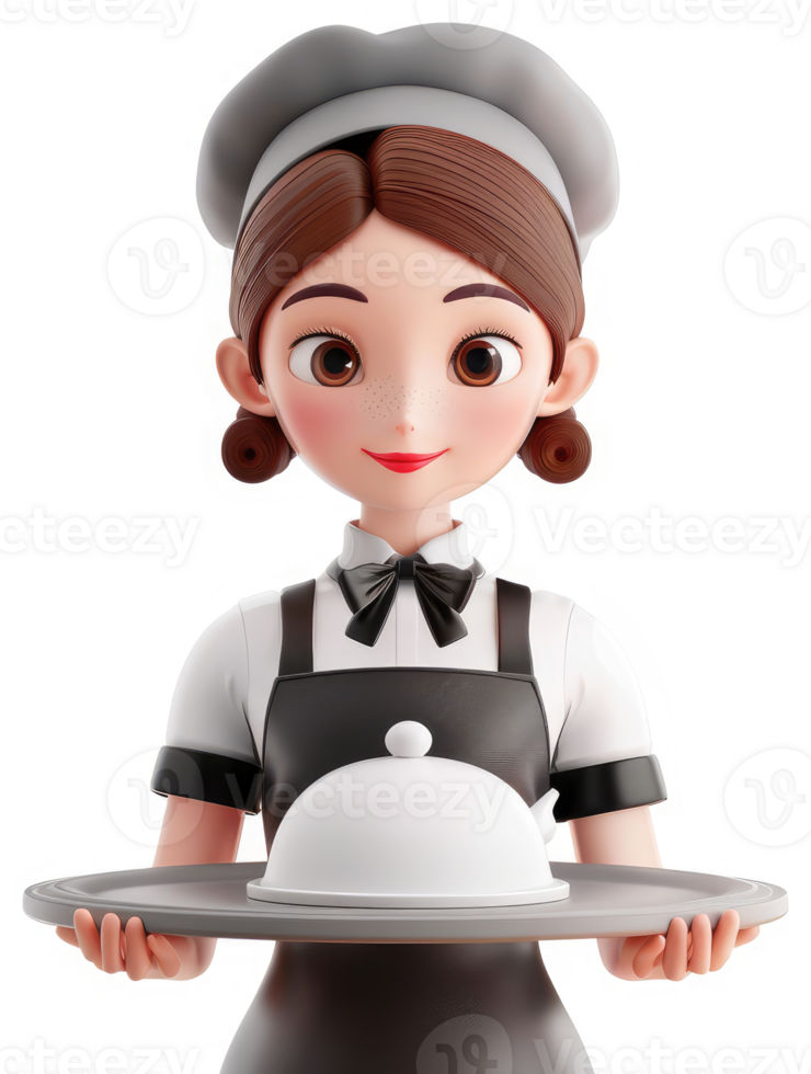 Smiling chef girl holds a covered dish. png