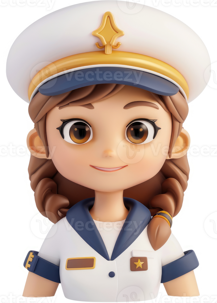 Smiling cartoon girl in a naval uniform. png