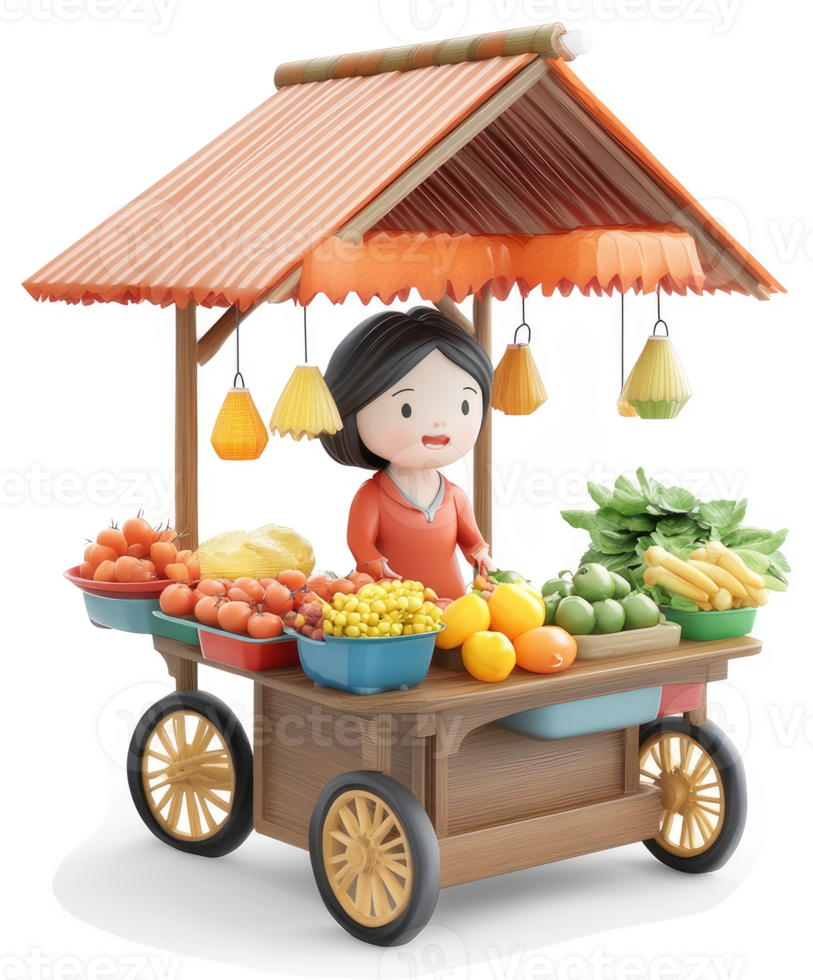 Smiling vendor sells fresh produce at a roadside market stall. png